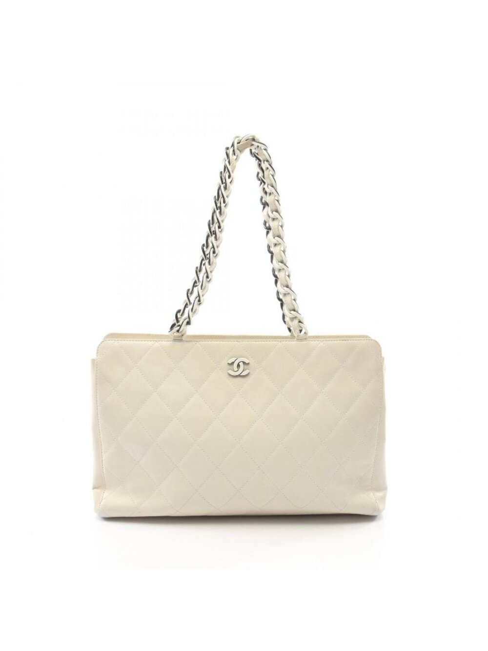 Chanel Tote Bag Quilted White Leather Plastic Chain